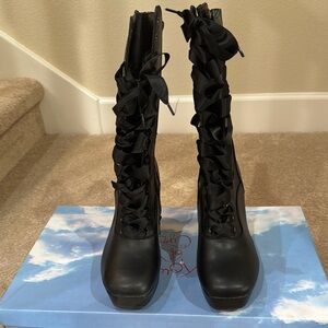 Black Lace Up Knee-High Boots with Leather Finish